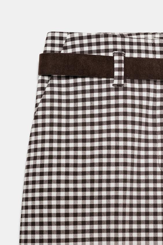 Pantalon droit à carreaux vichy avec ceinture