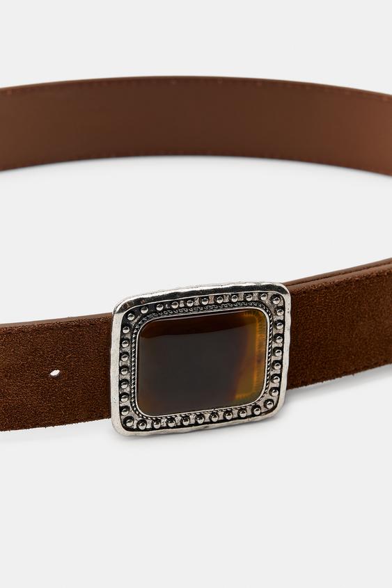 Ceinture 100 % cuir suédé à boucle effet pierre