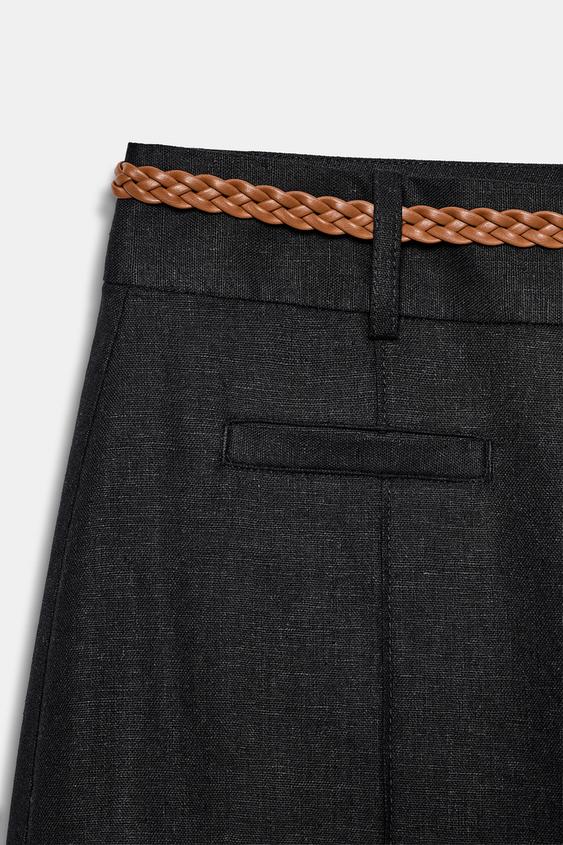 Pantalon-culotte en lin avec ceinture tressée