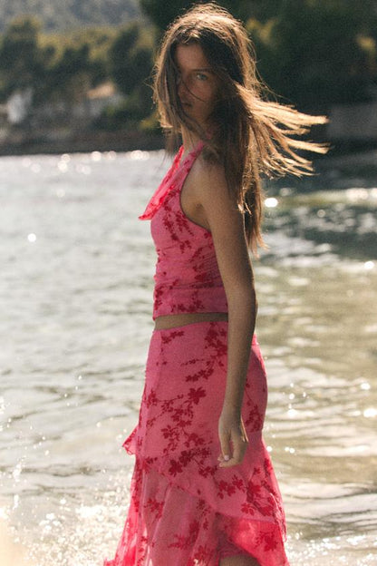 Top dos-nu en tulle floqué