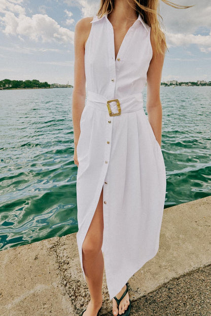 Robe midi en popeline avec ceinture