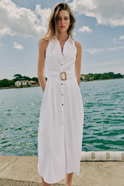 Robe midi en popeline avec ceinture