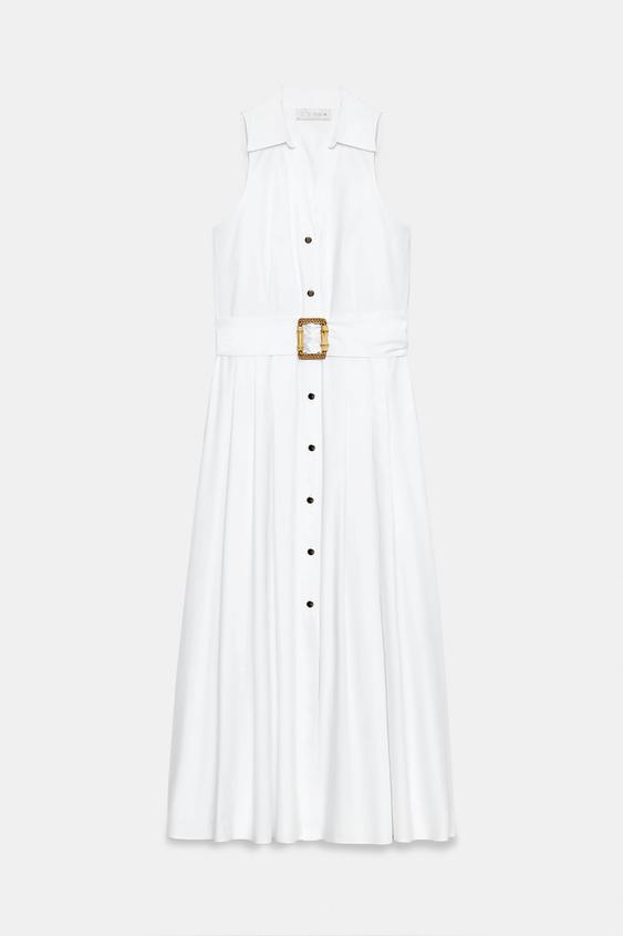Robe midi en popeline avec ceinture