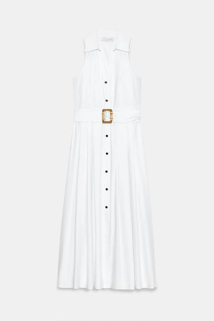 Robe midi en popeline avec ceinture