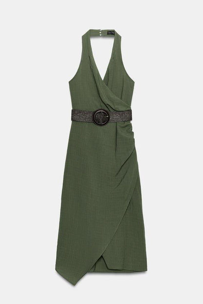 Robe midi en lin avec ceinture