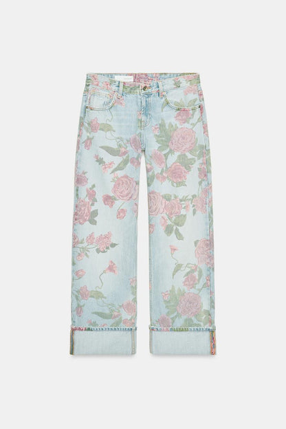 Jean TRF imprimé coupe ample à revers, taille basse