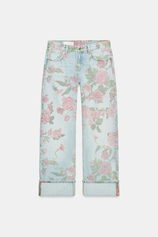 Jean TRF imprimé coupe ample à revers, taille basse