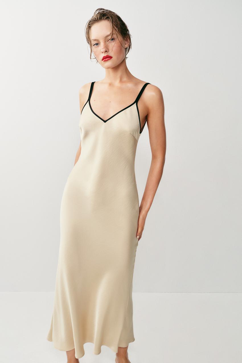 Robe midi satinée à passepoils contrastés