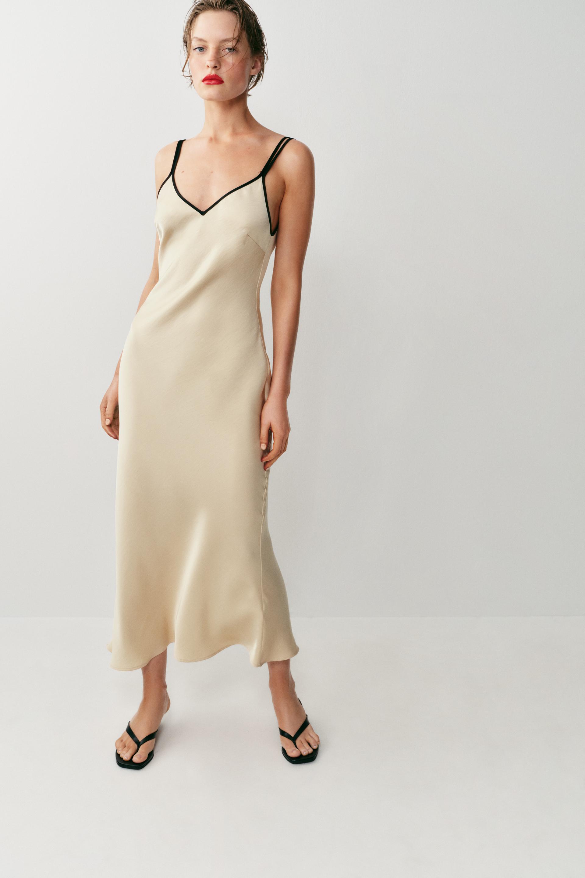 Robe midi satinée à passepoils contrastés