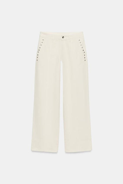 Pantalon coupe droite taille basse à œillets
