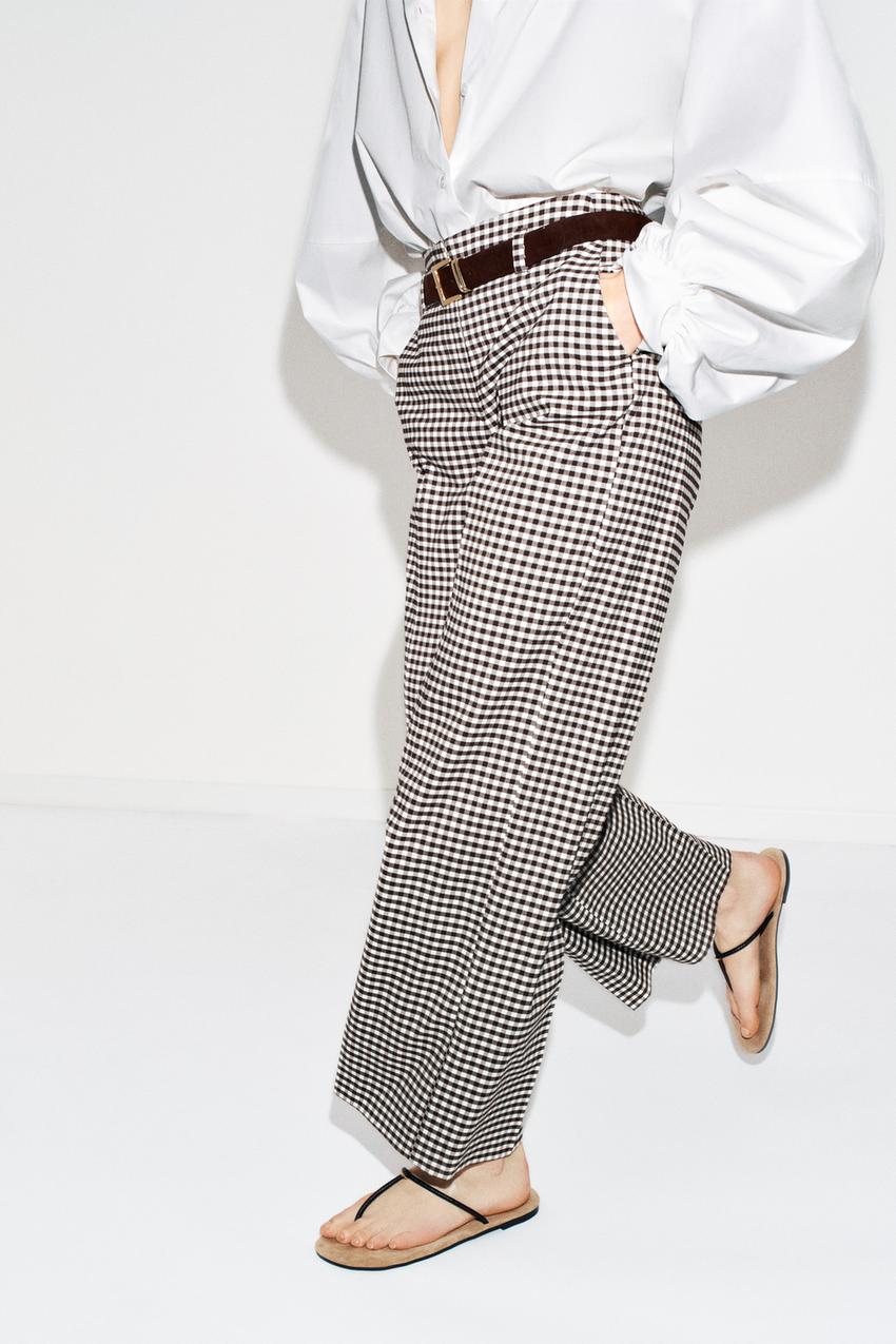 Pantalon droit à carreaux vichy avec ceinture