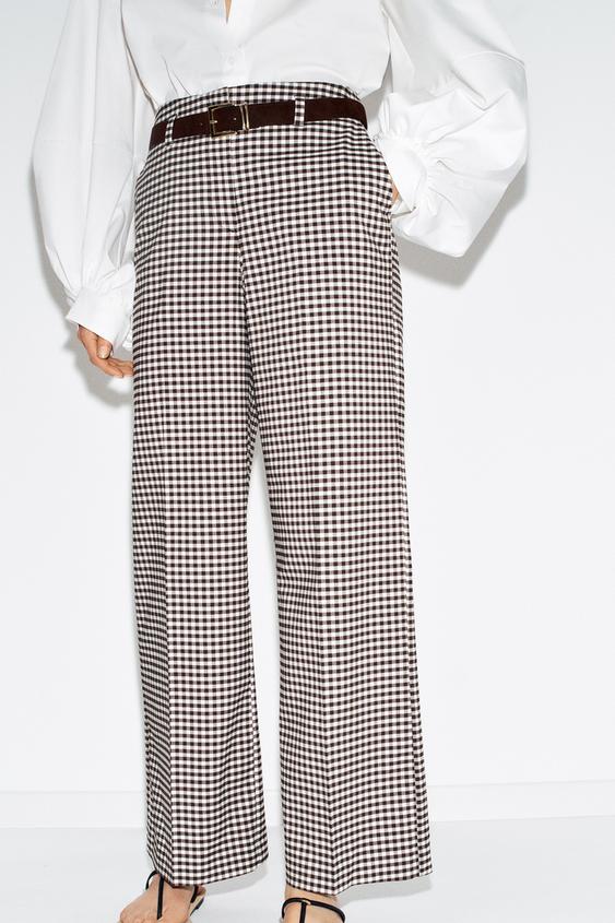 Pantalon droit à carreaux vichy avec ceinture