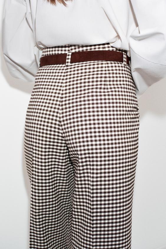 Pantalon droit à carreaux vichy avec ceinture