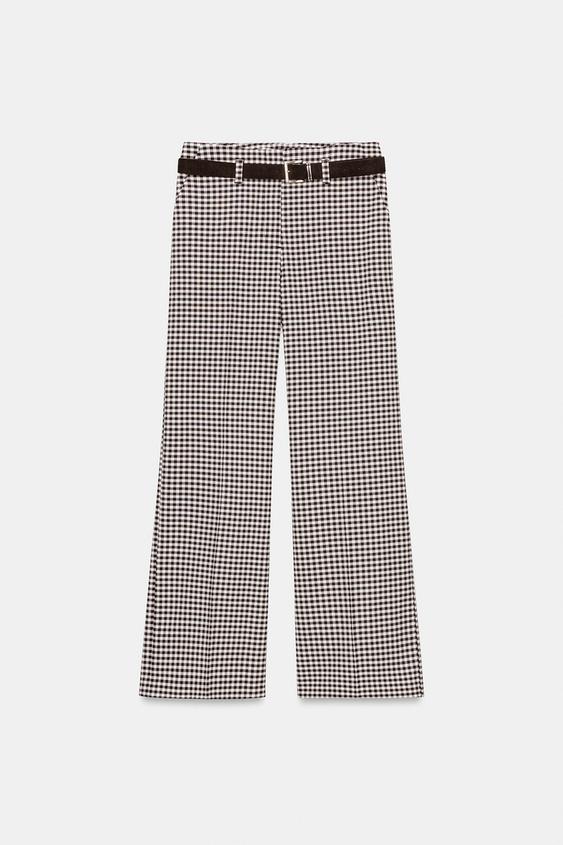 Pantalon droit à carreaux vichy avec ceinture