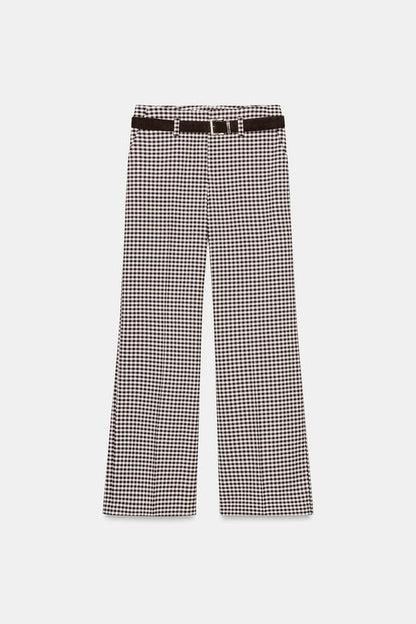 Pantalon droit à carreaux vichy avec ceinture