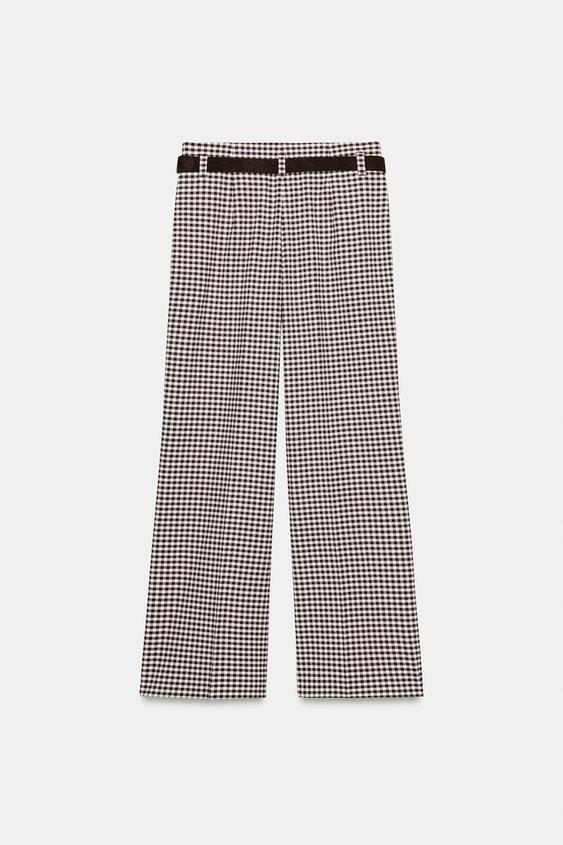 Pantalon droit à carreaux vichy avec ceinture