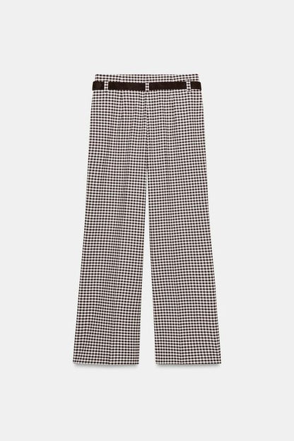 Pantalon droit à carreaux vichy avec ceinture
