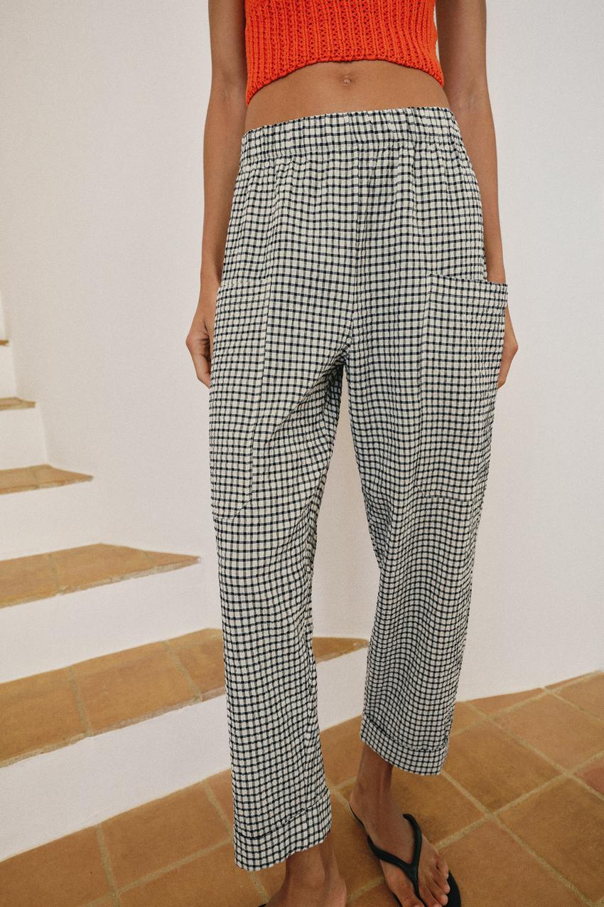 Pantalon à taille élastique à carreaux