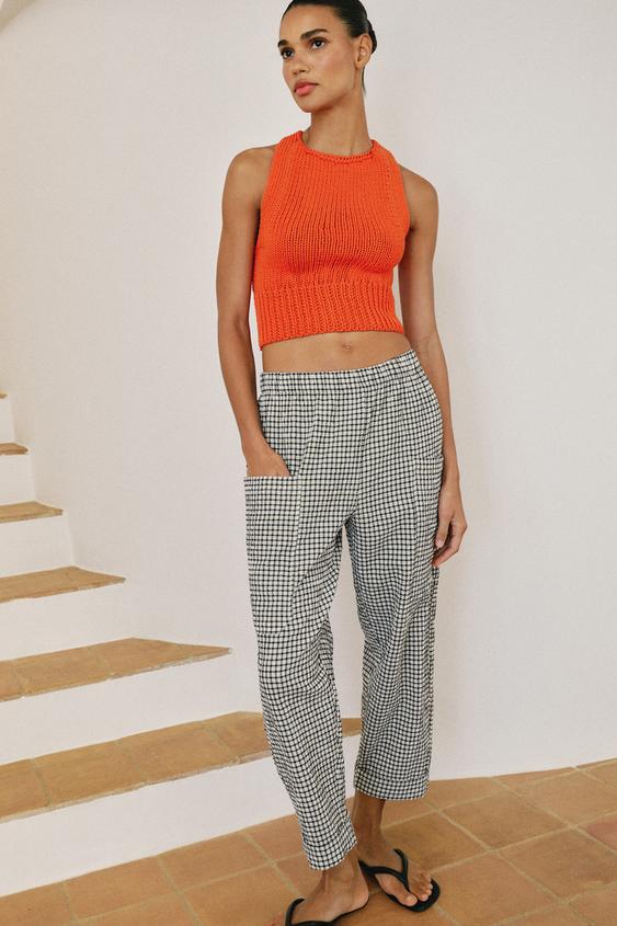 Pantalon à taille élastique à carreaux