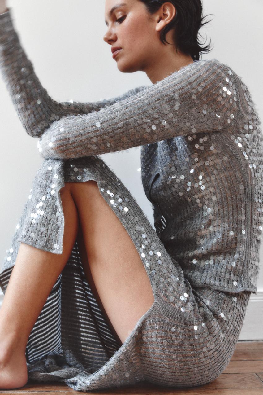 Jupe midi à sequins et fente
