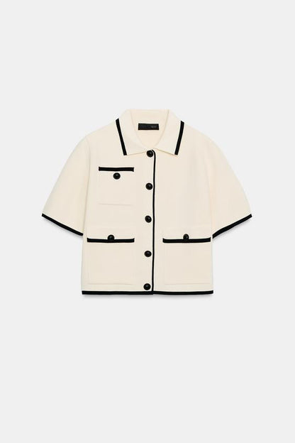 Veste en maille à manches courtes à passepoils contrastés