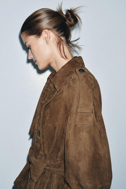 Trench court 100 % cuir suédé ZW Collection Édition limitée