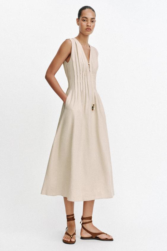 Robe midi en lin à coulisses