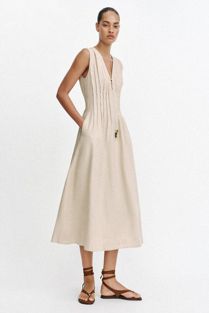 Robe midi en lin à coulisses