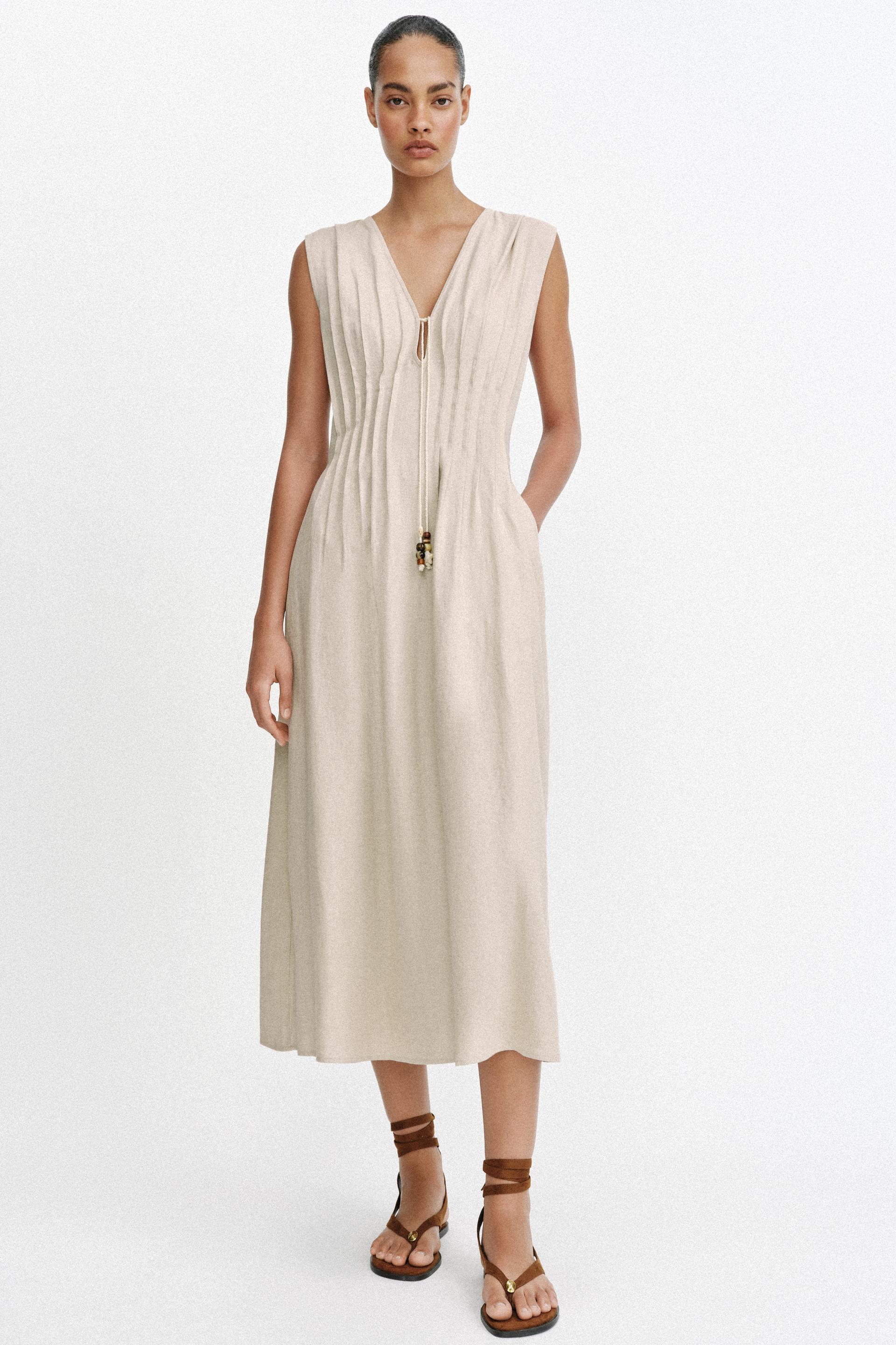 Robe midi en lin à coulisses