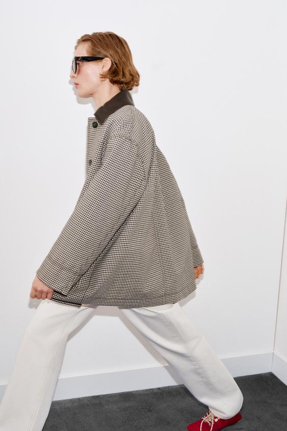 Veste pied-en-poule finitions effet cuir