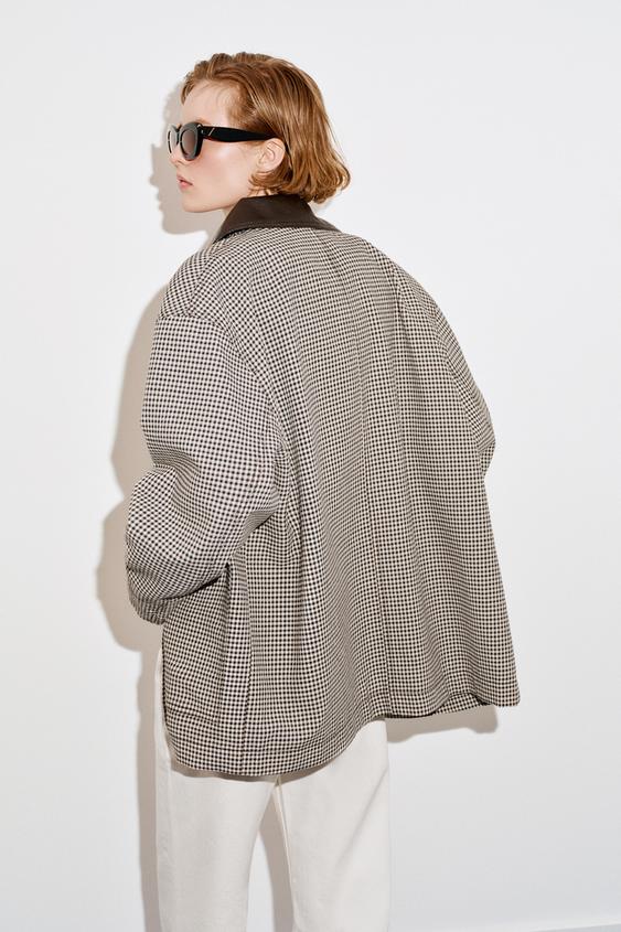 Veste pied-en-poule finitions effet cuir