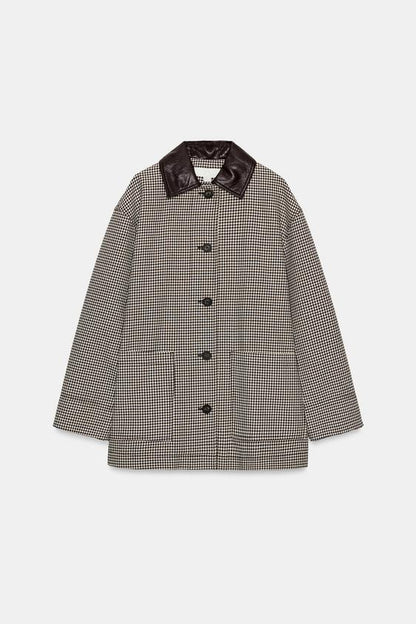Veste pied-en-poule finitions effet cuir