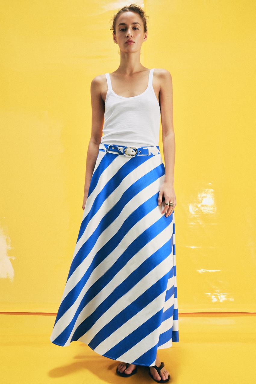 Jupe midi à rayures avec ceinture