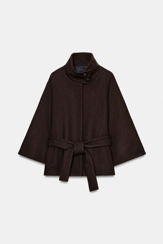 Manteau court cape en laine avec ceinture