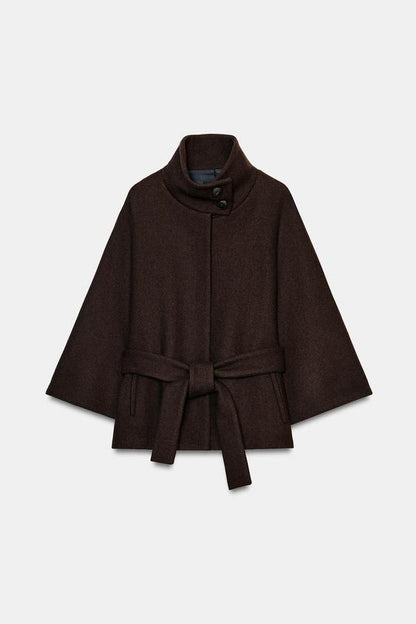 Manteau court cape en laine avec ceinture