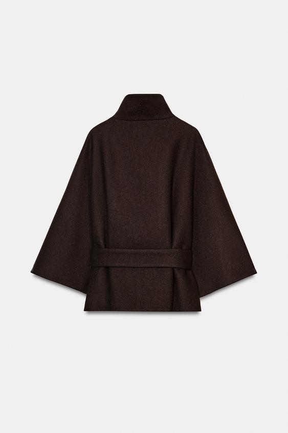 Manteau court cape en laine avec ceinture