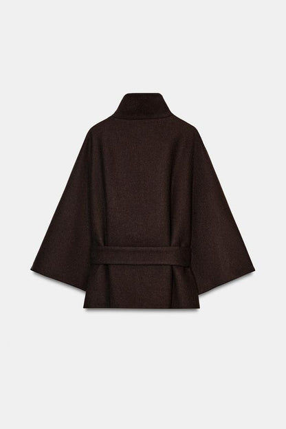 Manteau court cape en laine avec ceinture