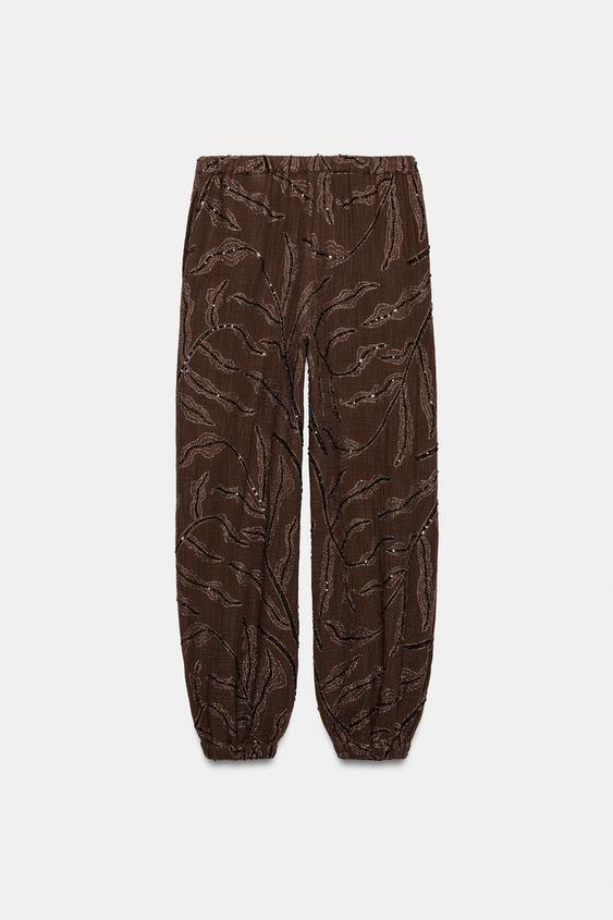 Pantalon bouffant à sequins en fil métallisé