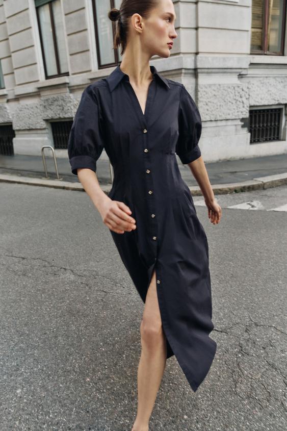 Robe midi en popeline à manches bouffantes