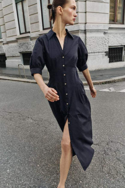 Robe midi en popeline à manches bouffantes
