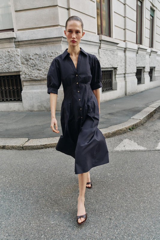 Robe midi en popeline à manches bouffantes