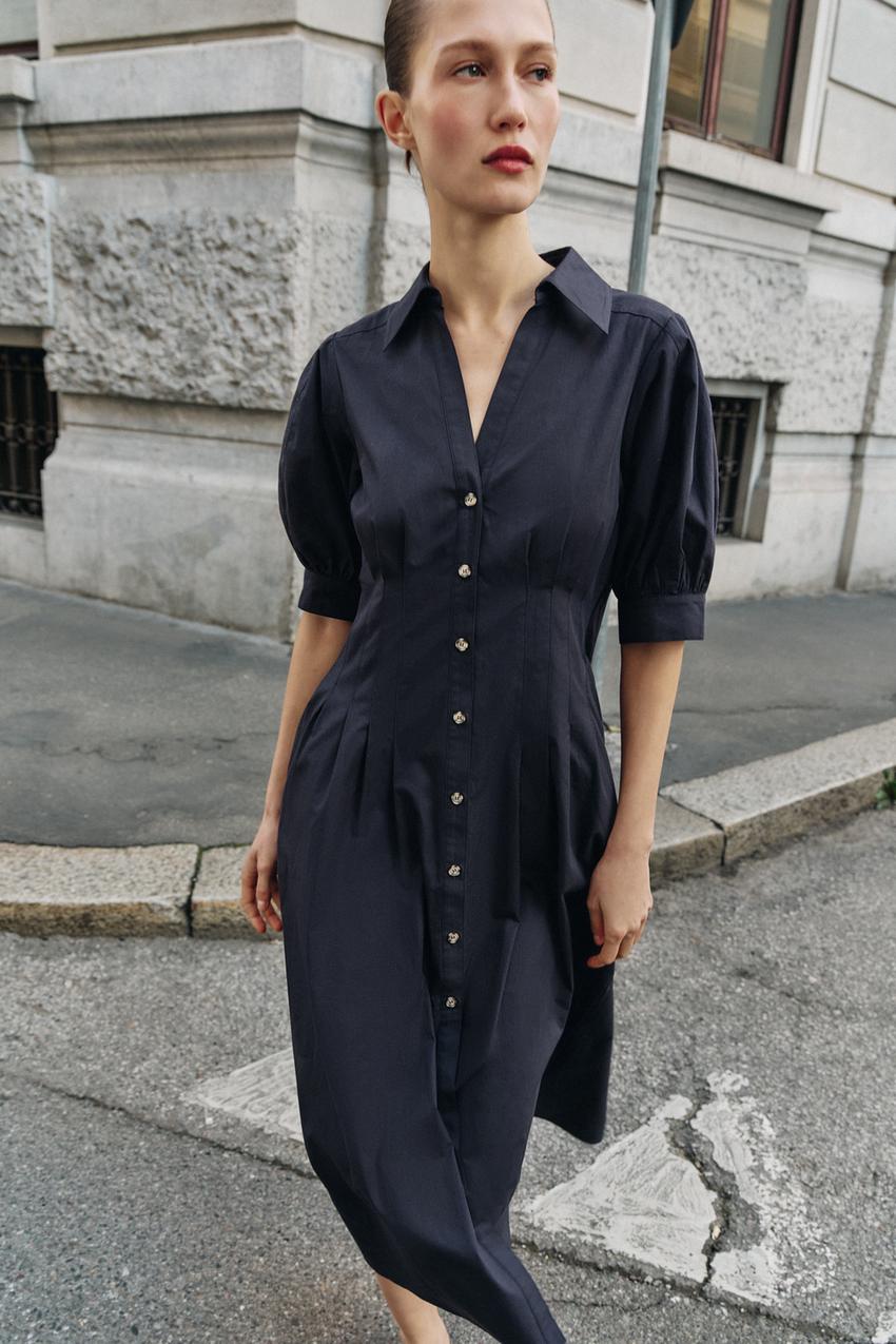 Robe midi en popeline à manches bouffantes