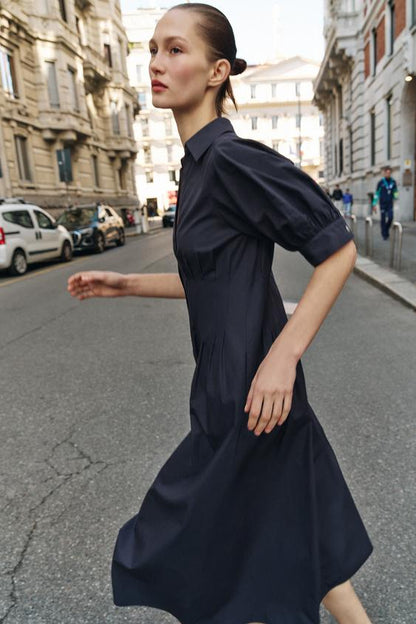 Robe midi en popeline à manches bouffantes