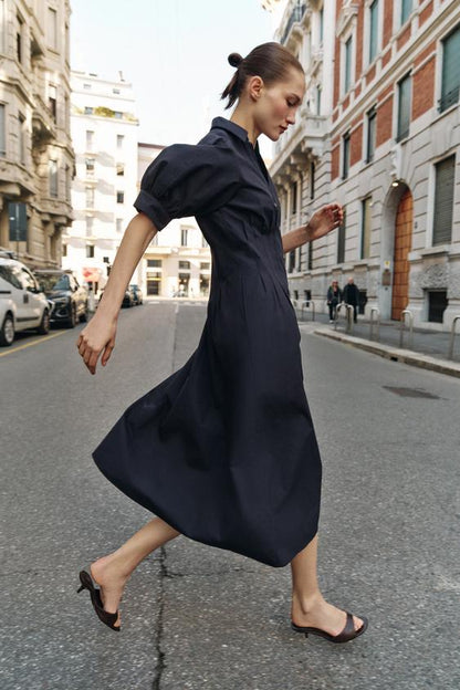 Robe midi en popeline à manches bouffantes