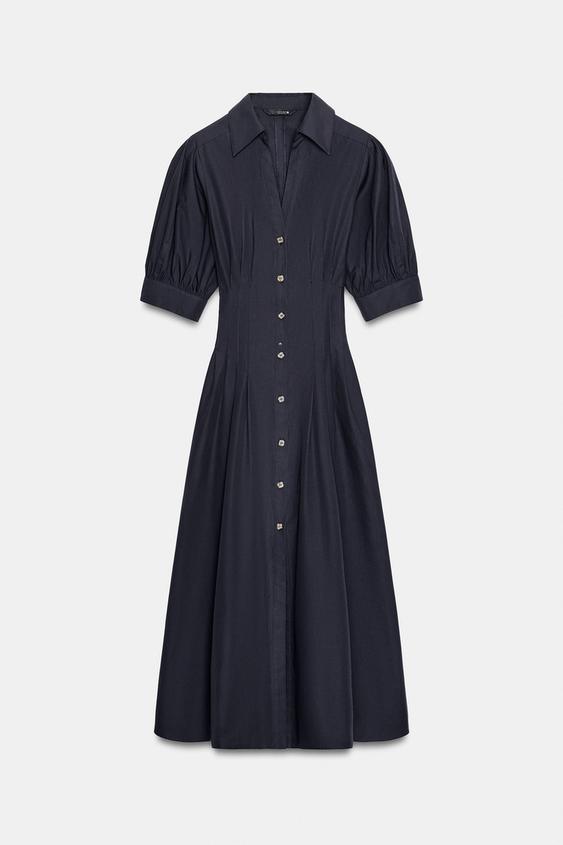 Robe midi en popeline à manches bouffantes