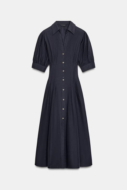 Robe midi en popeline à manches bouffantes
