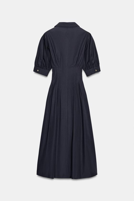 Robe midi en popeline à manches bouffantes