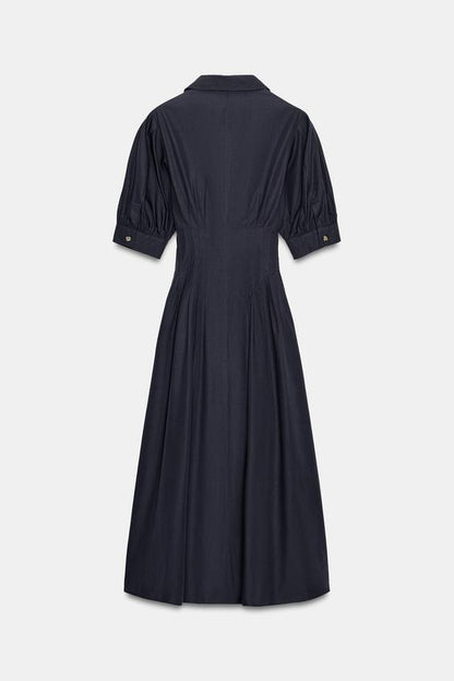 Robe midi en popeline à manches bouffantes