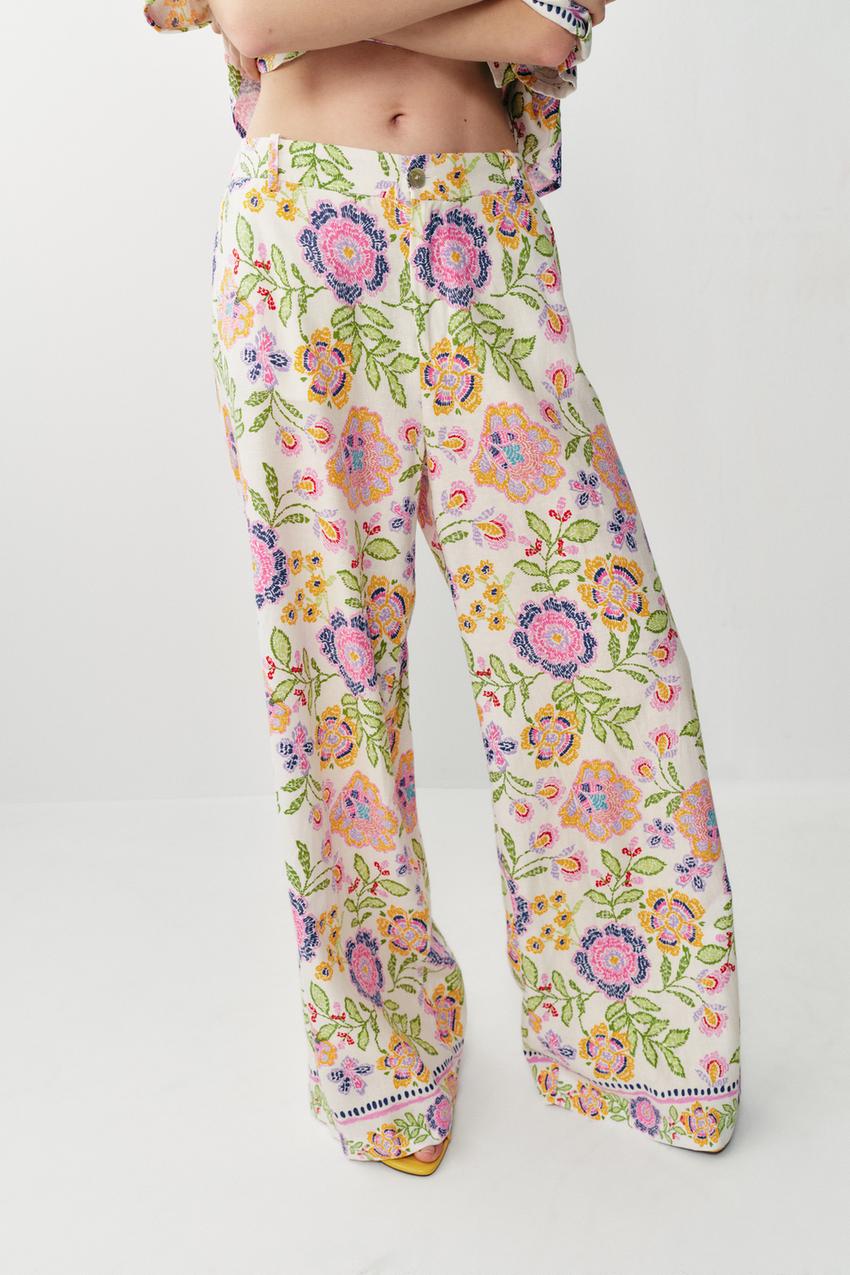 Pantalon imprimé floral en lin