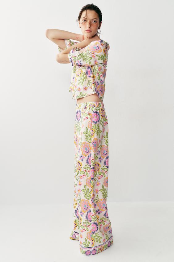 Pantalon imprimé floral en lin